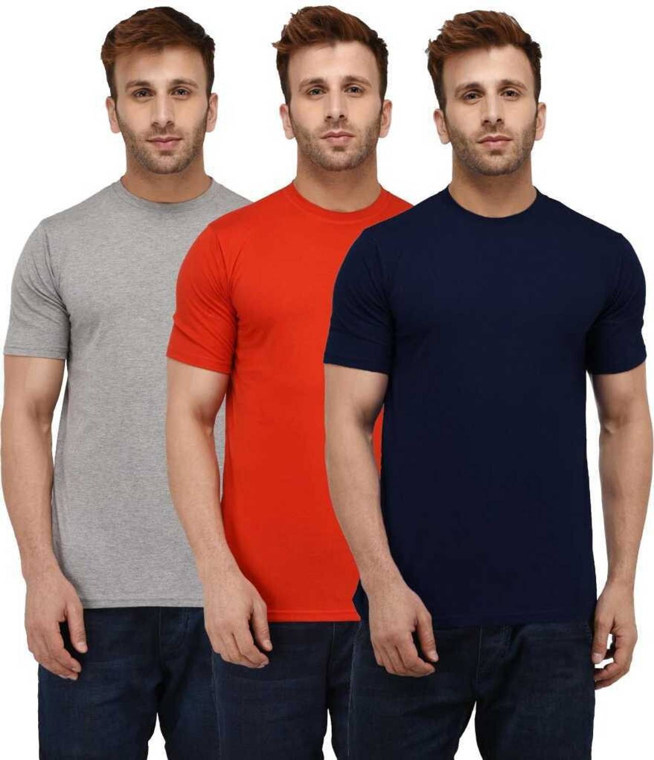 INKKR Pack of 3 Men Solid Round Neck Cotton Blend Multicolor T-Sh
