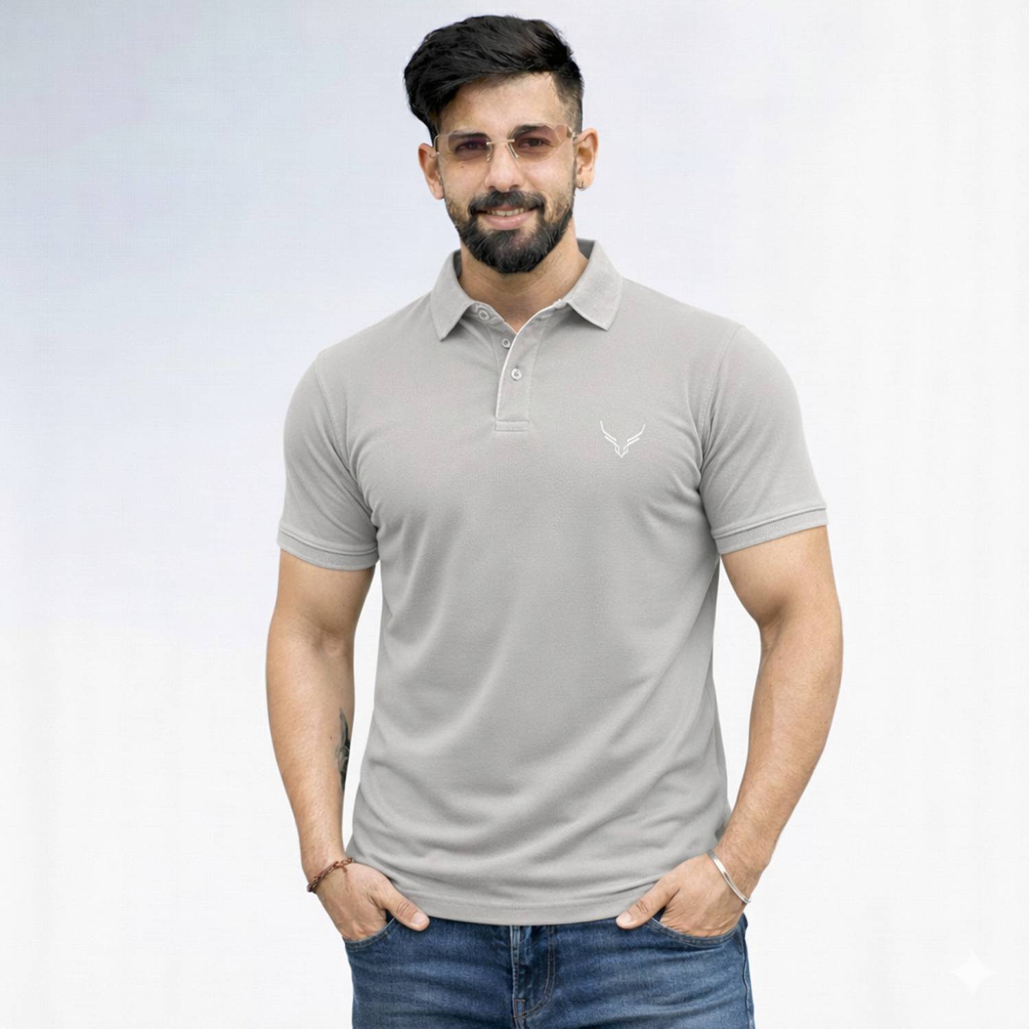 AVRIE Self Design Men Polo Neck Grey T-Shirt