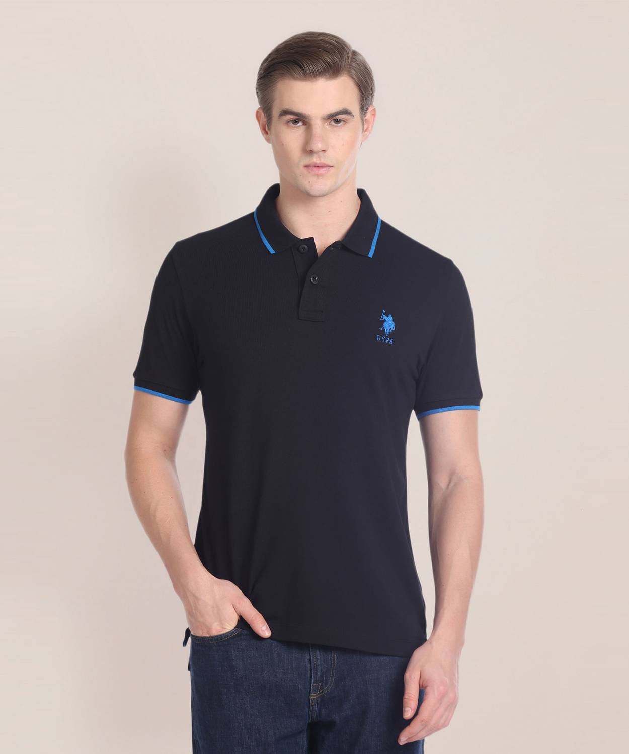 U.S. POLO ASSN. Men Solid Polo Neck Pure Cotton Black T-Shirt