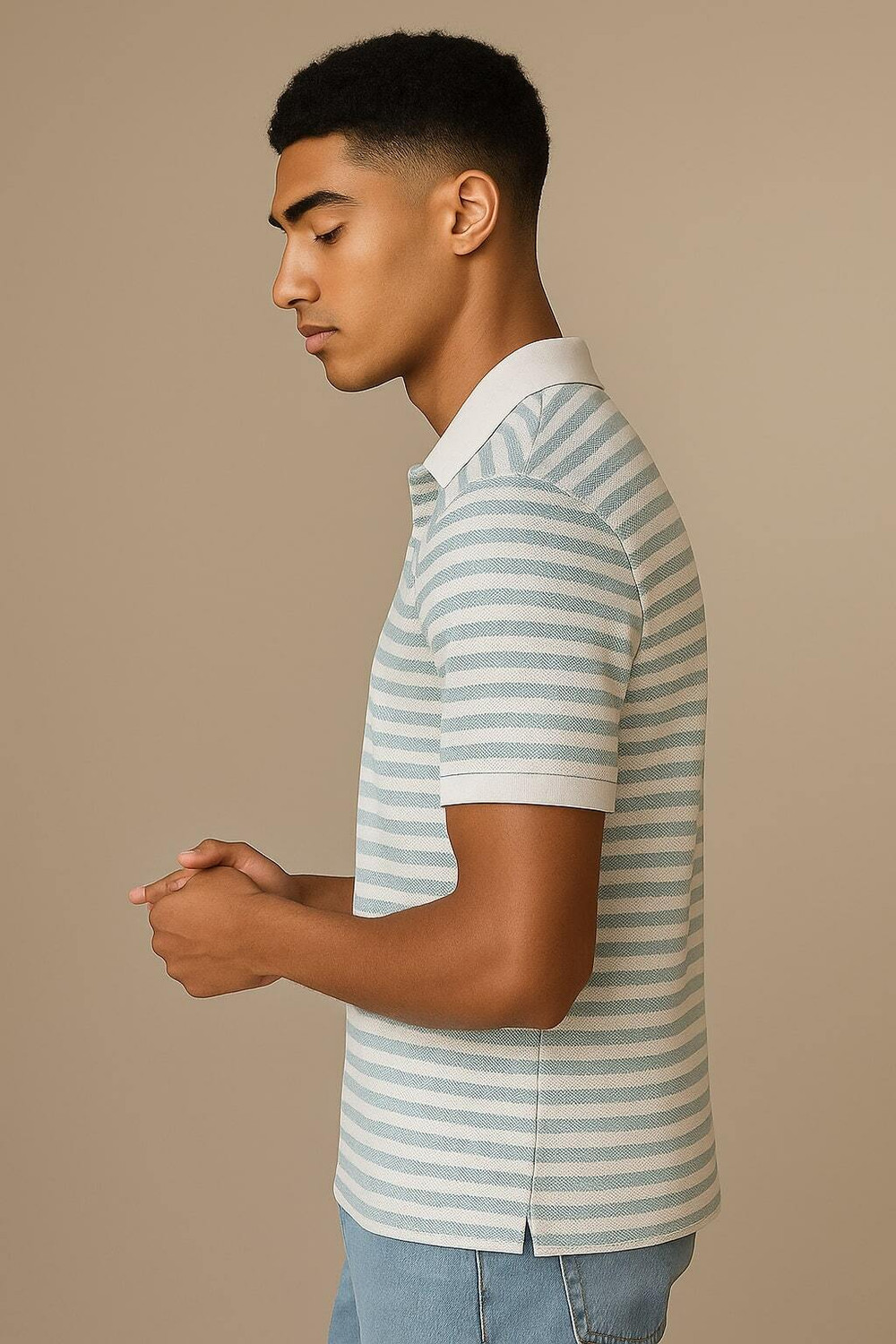 Image of YOUNICK Striped Men Polo Neck Light Blue T-Shirt