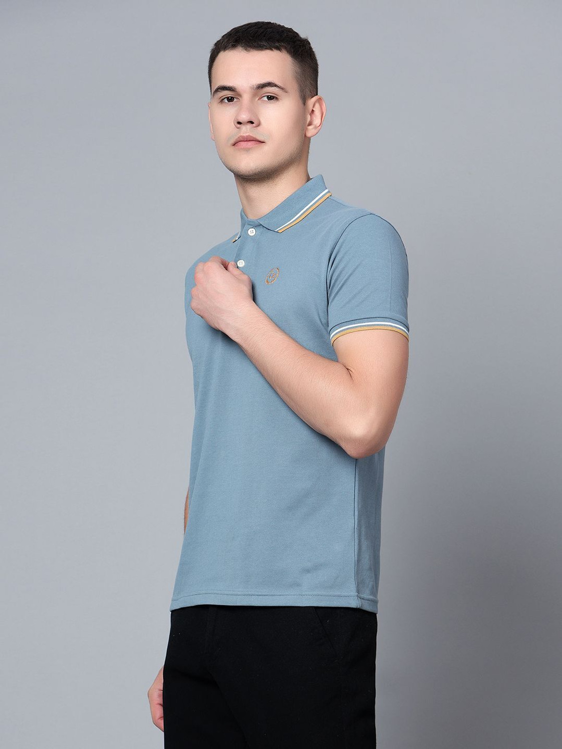 Image of CANTABIL Solid Men Polo Neck Blue T-Shirt