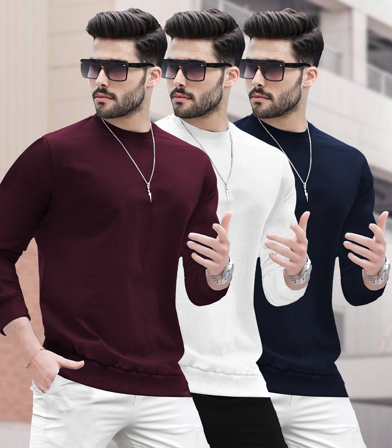 BLIVE Pack of 3 Men Solid Round Neck Cotton Blend Maroon, White,