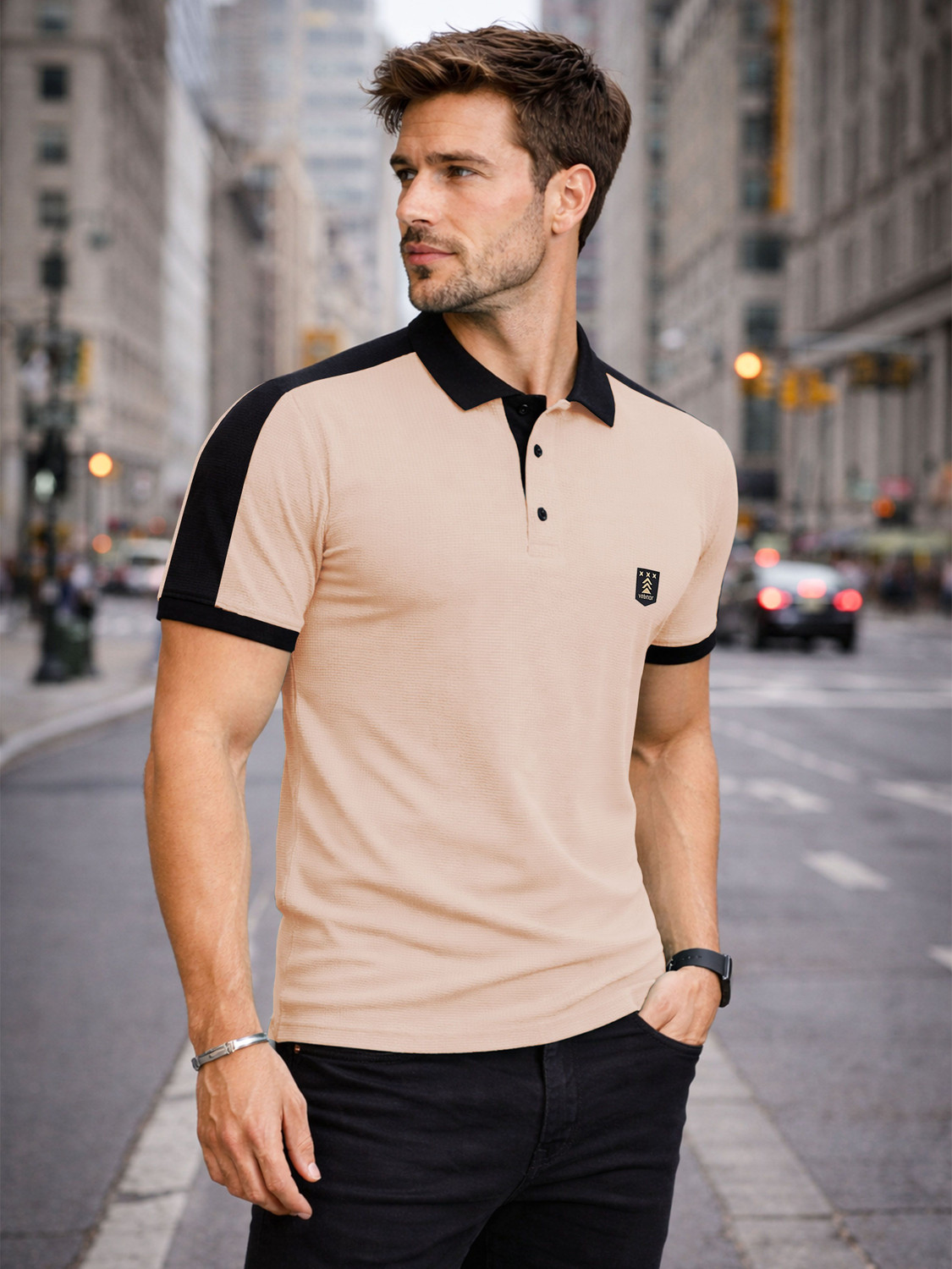 Image of VeBNoR Colorblock Men Polo Neck Beige T-Shirt