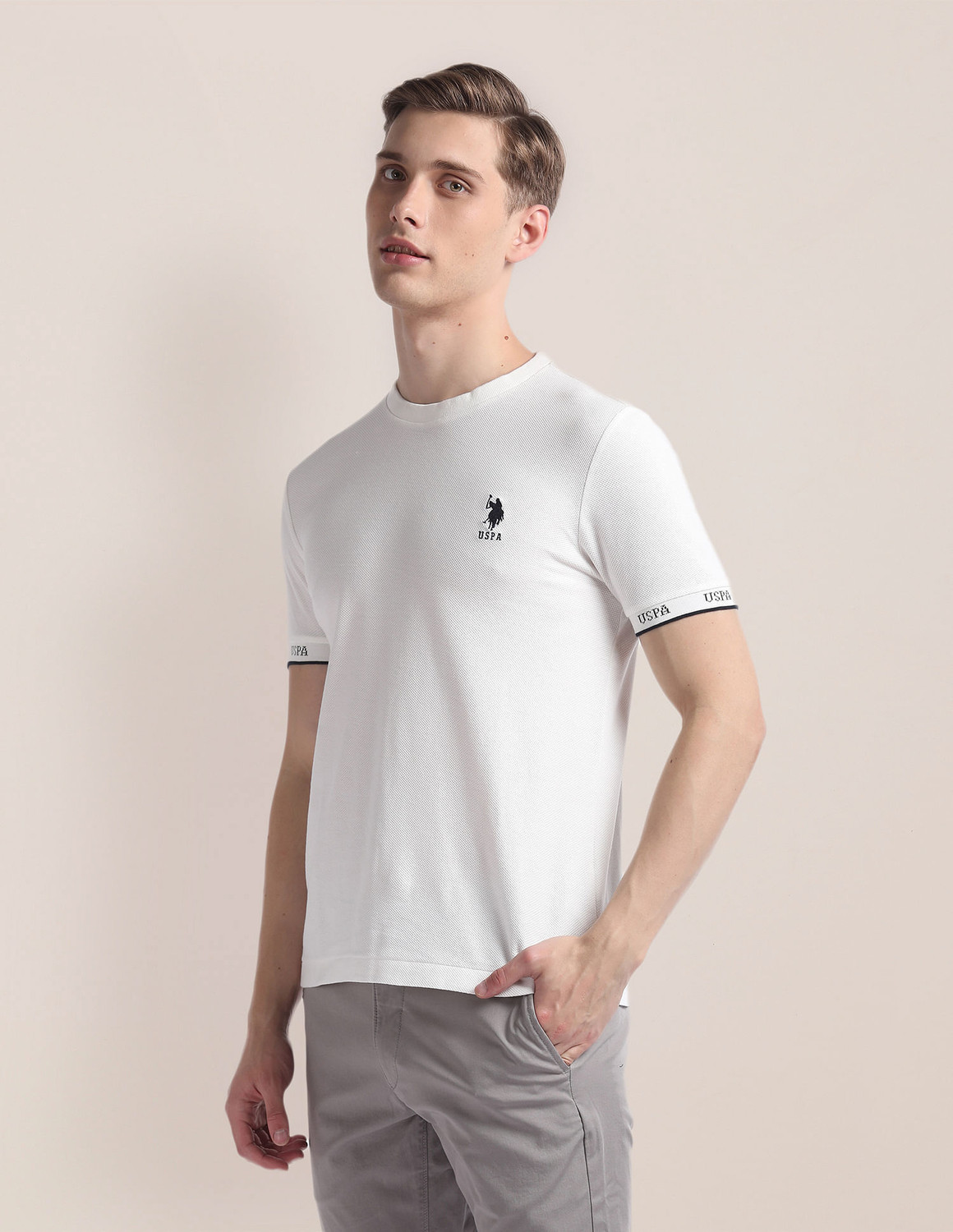 Image of U.S. POLO ASSN. Striped Men Round Neck White T-Shirt