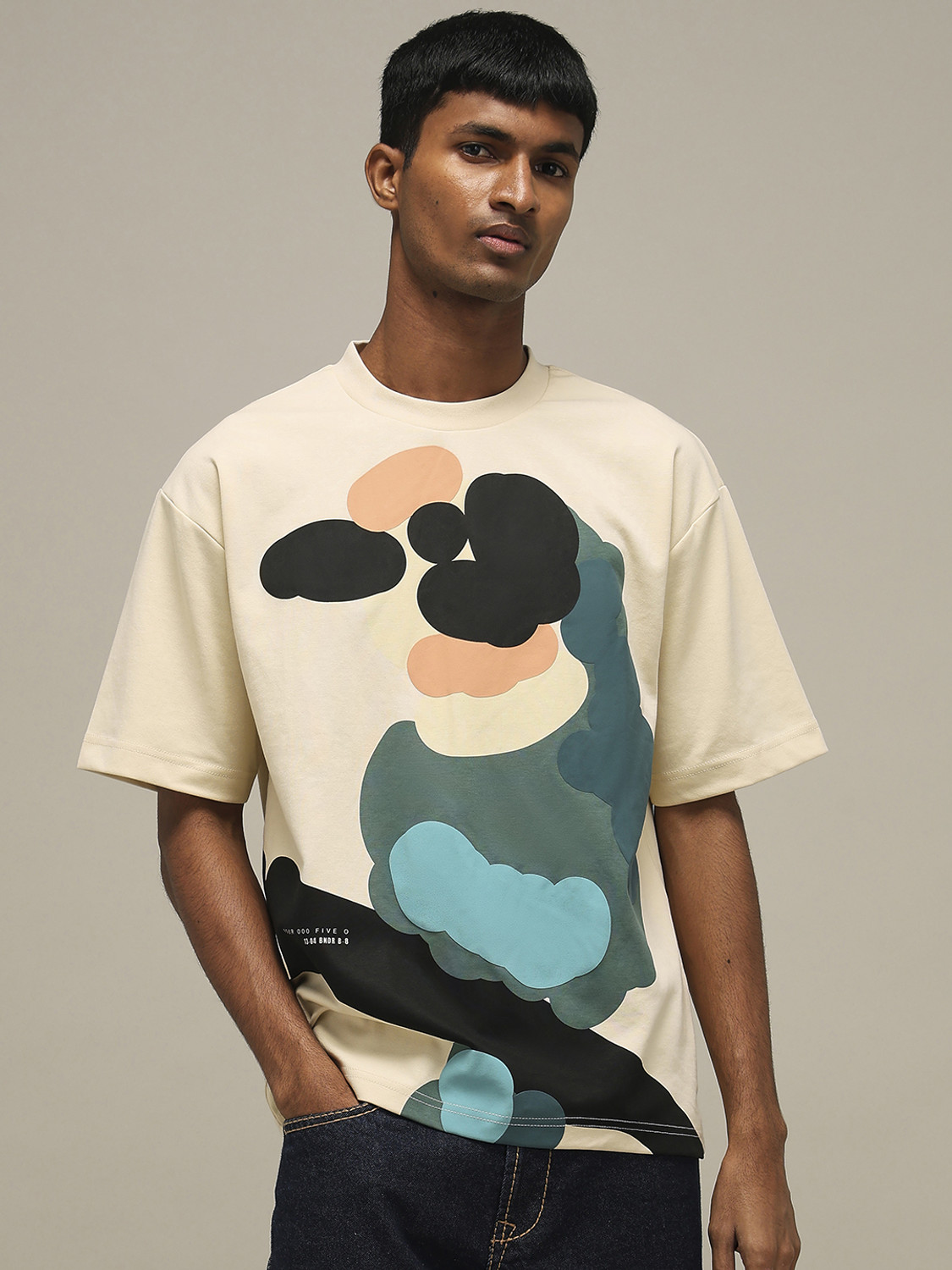 Image of MUFTI Printed Men Crew Neck Beige T-Shirt