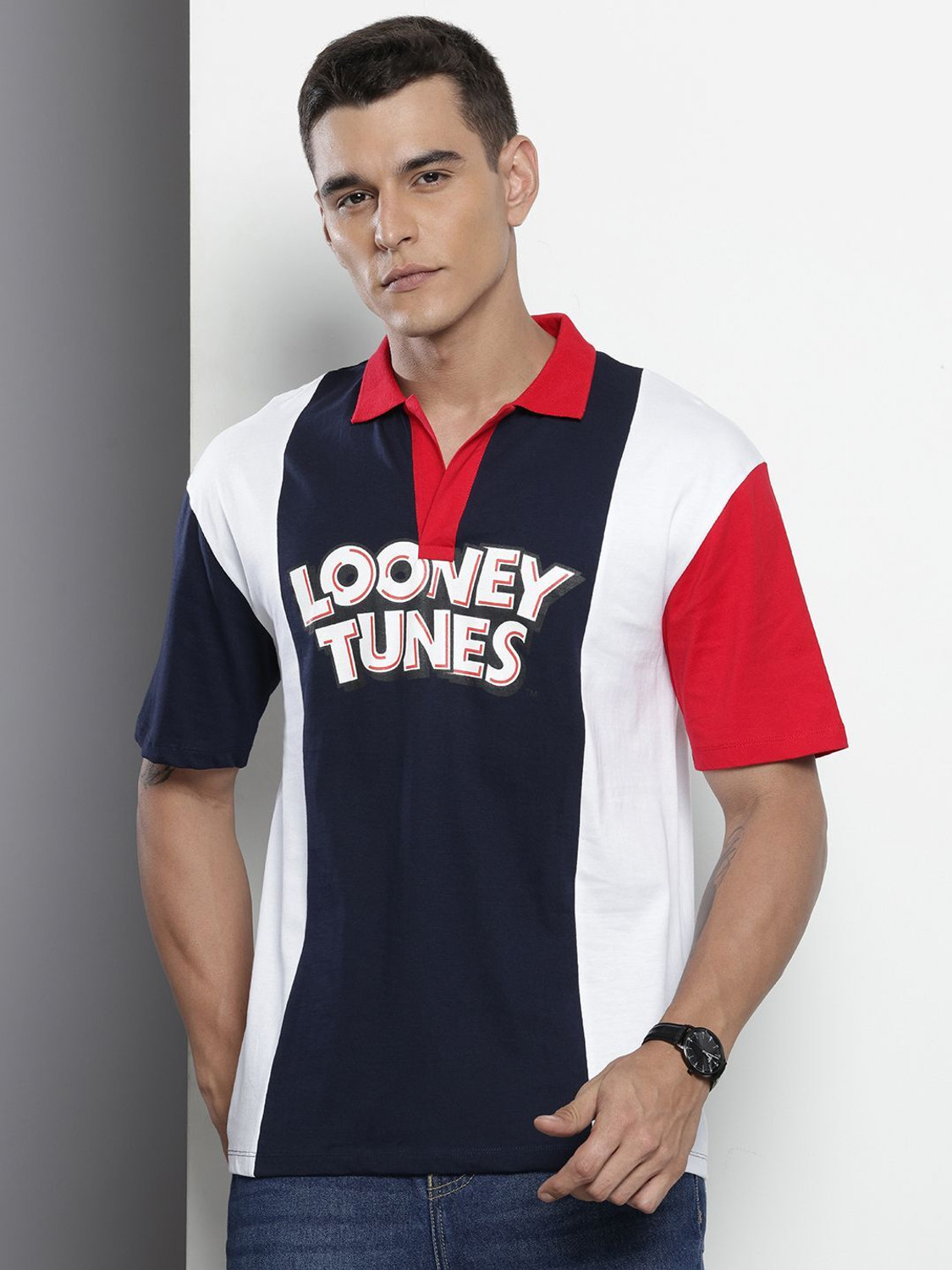 Image of The Indian Garage Co. Printed Men Polo Neck Dark Blue T-Shirt