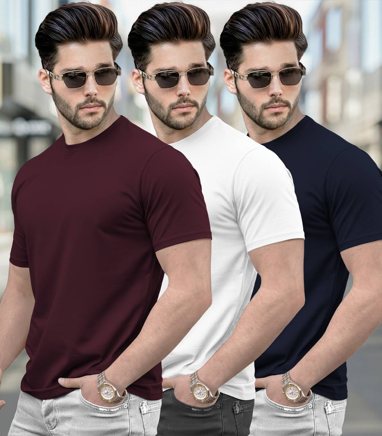 TRIPR Pack of 3 Men Solid Round Neck Cotton Blend Multicolor T-Sh