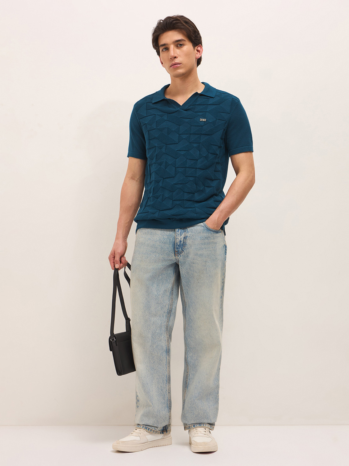 Image of THE BEAR HOUSE Self Design Men Polo Neck Blue T-Shirt