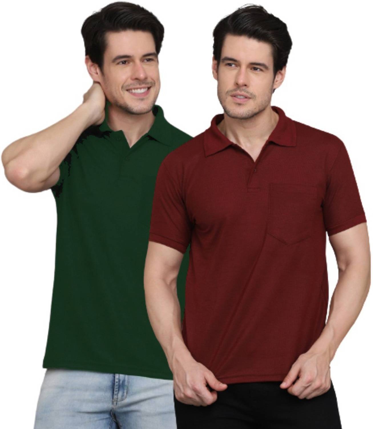 INKKR Pack of 2 Men Solid Polo Neck Cotton Blend Green, Maroon T-