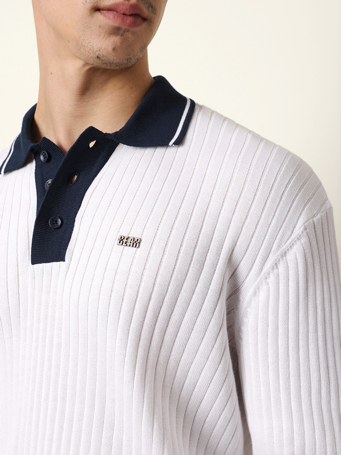 Image of THE BEAR HOUSE Striped Men Polo Neck White T-Shirt