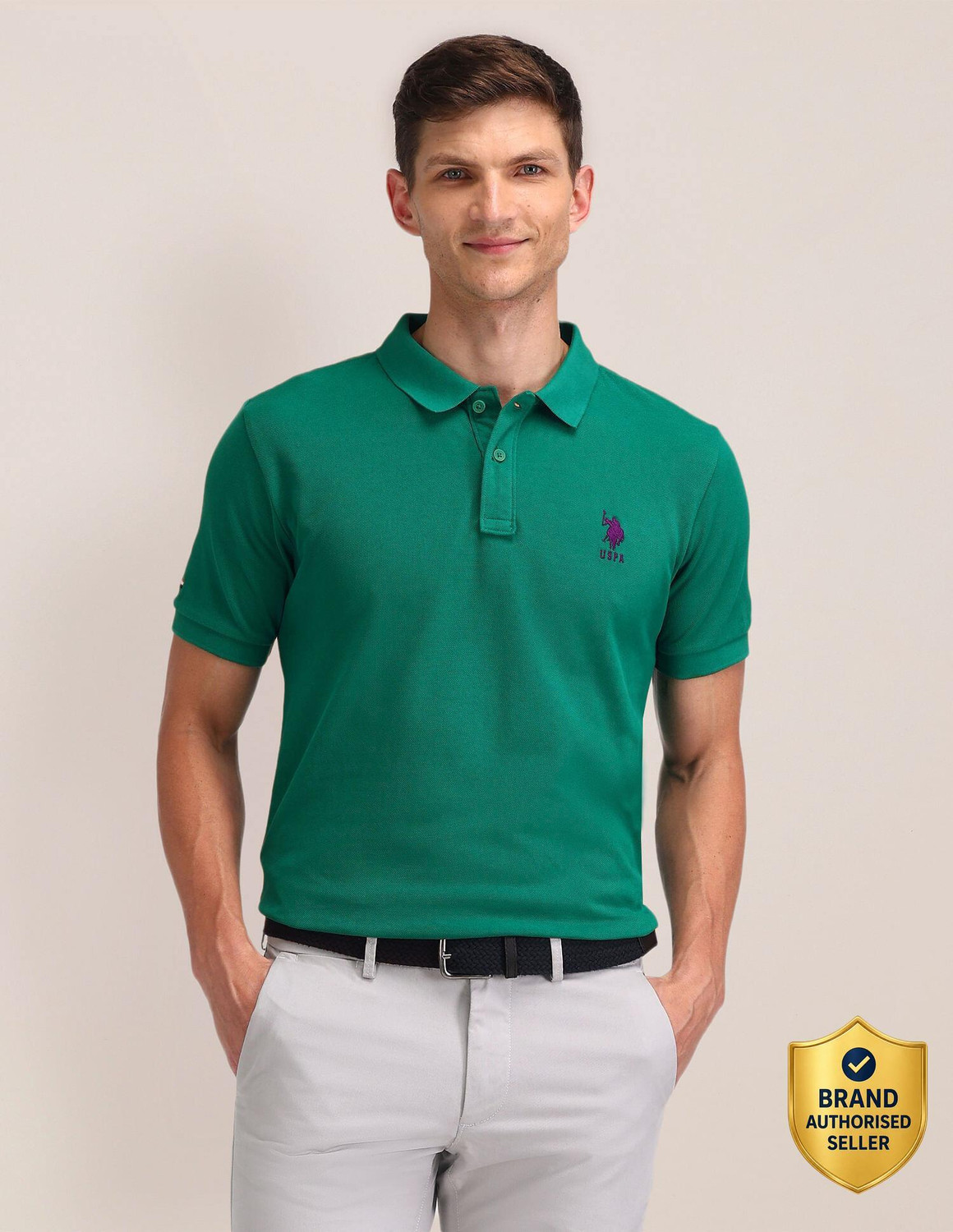 Image of U.S. POLO ASSN. Solid Men Polo Neck Green T-Shirt