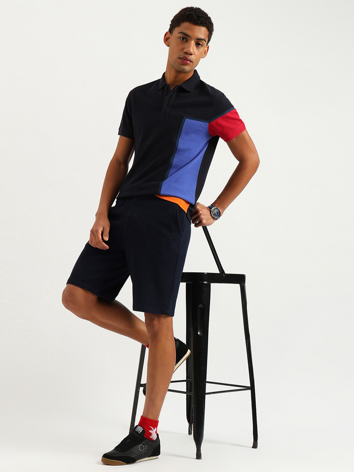 Image of United Colors of Benetton Colorblock Men Polo Neck Blue T-Shirt