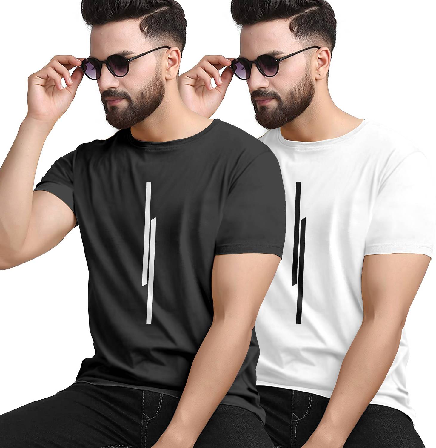 KAJARU Pack of 2 TSRT-03-S-BLACK-WHITE-2COMBO Men Striped Round N