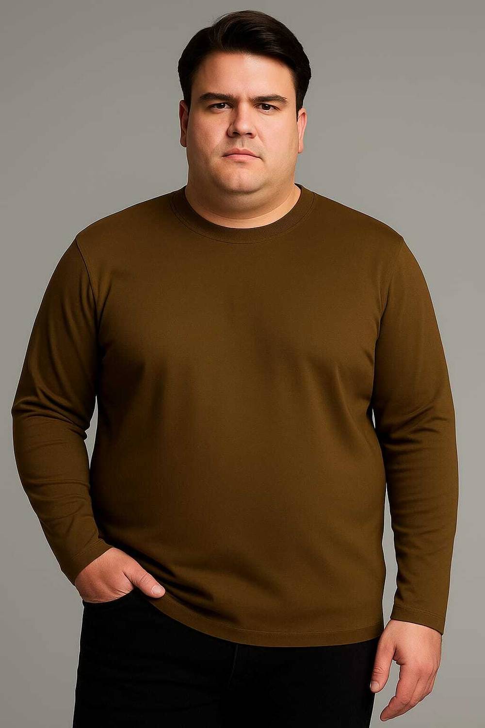 9LKHA Solid Men Round Neck Brown T-Shirt
