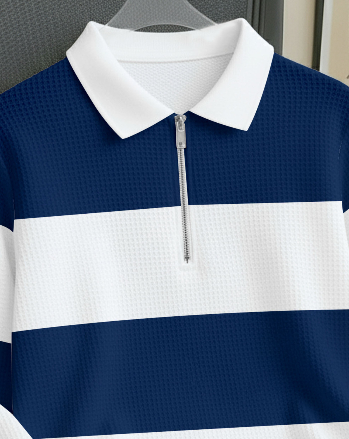 Image of AOOSH Colorblock Men Zip Neck Blue, White T-Shirt
