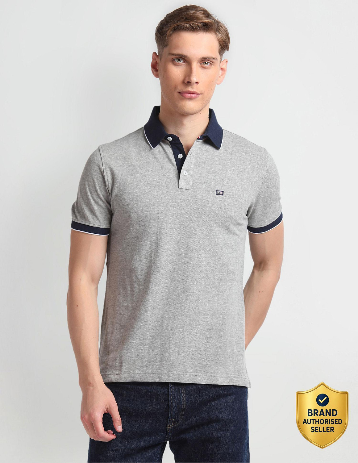 Image of Arrow Sport Self Design Men Polo Neck Grey T-Shirt