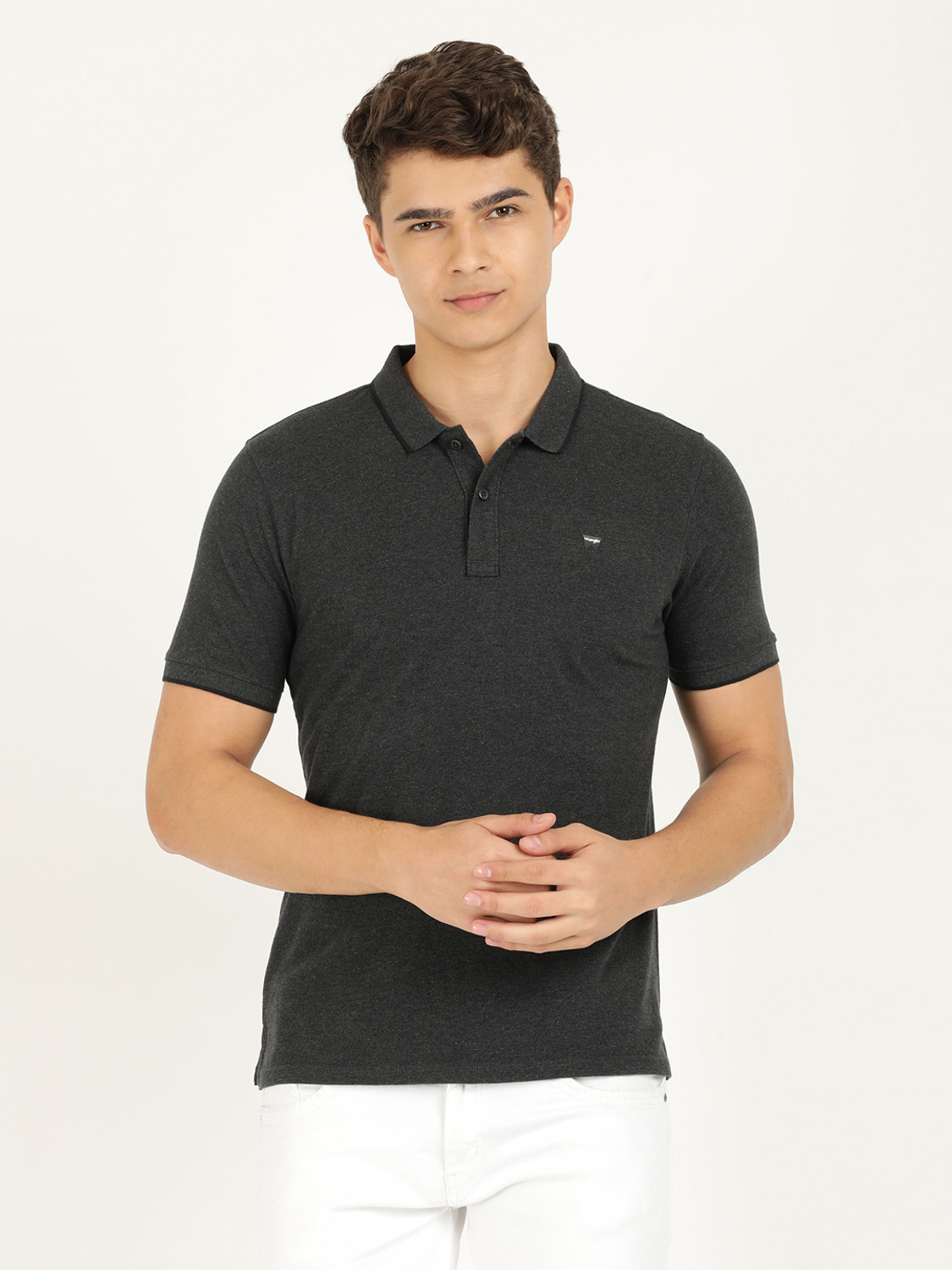 Image of Wrangler Solid Men Polo Neck Grey T-Shirt