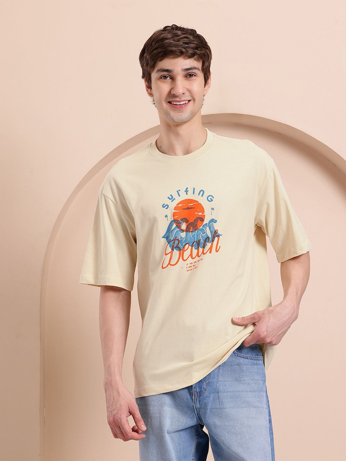 Image of Mast & Harbour Printed Men Round Neck Beige T-Shirt