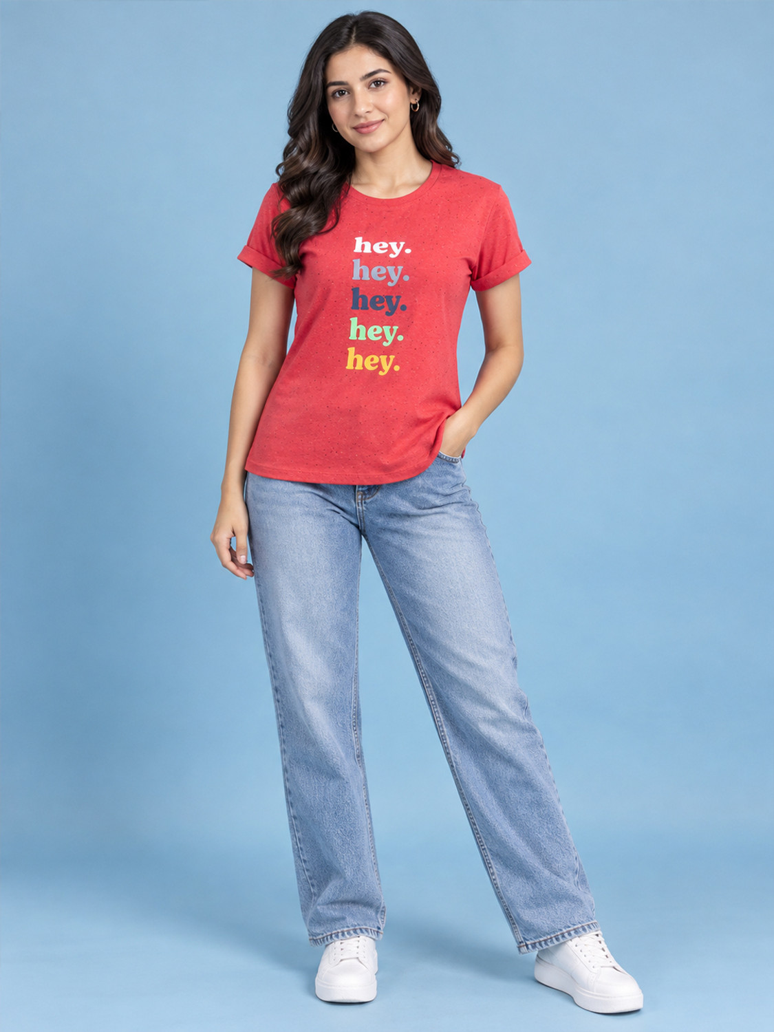 Image of Dollar Missy Typography Women Round Neck Red T-Shirt