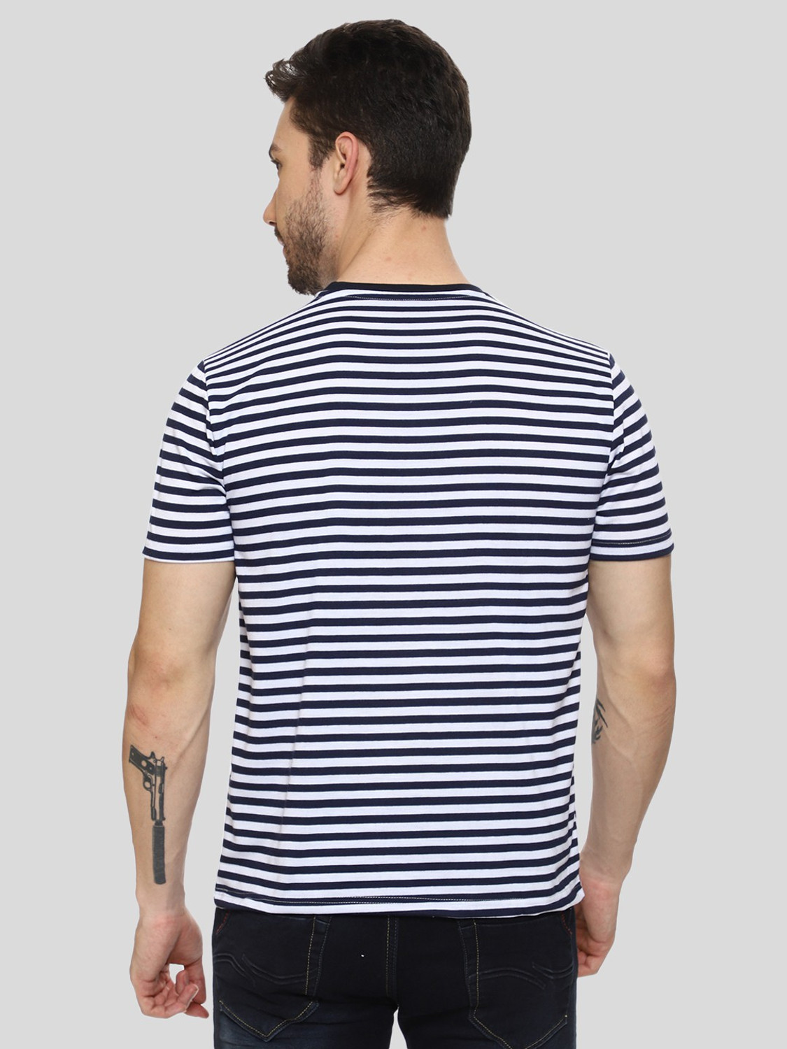 Image of MISCHIEF Monkey Striped Men Round Neck Navy Blue T-Shirt