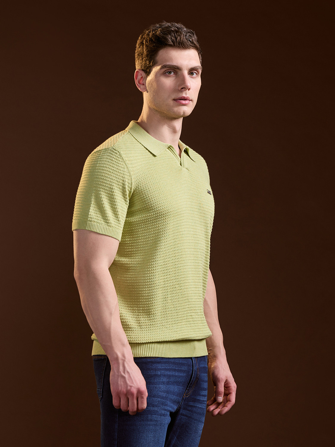 Image of THE BEAR HOUSE Self Design Men Polo Neck Green T-Shirt