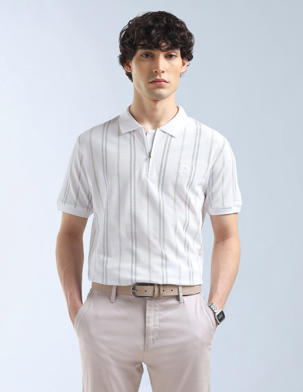 Image of FLYING MACHINE Striped Men Polo Neck White T-Shirt