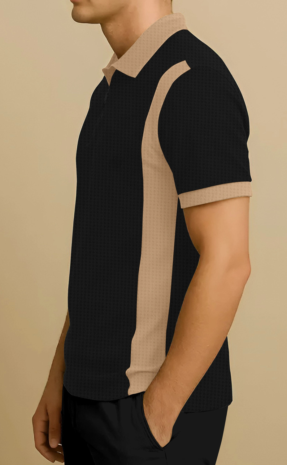 Image of KAJARU Self Design Men Zip Neck Beige, Black T-Shirt