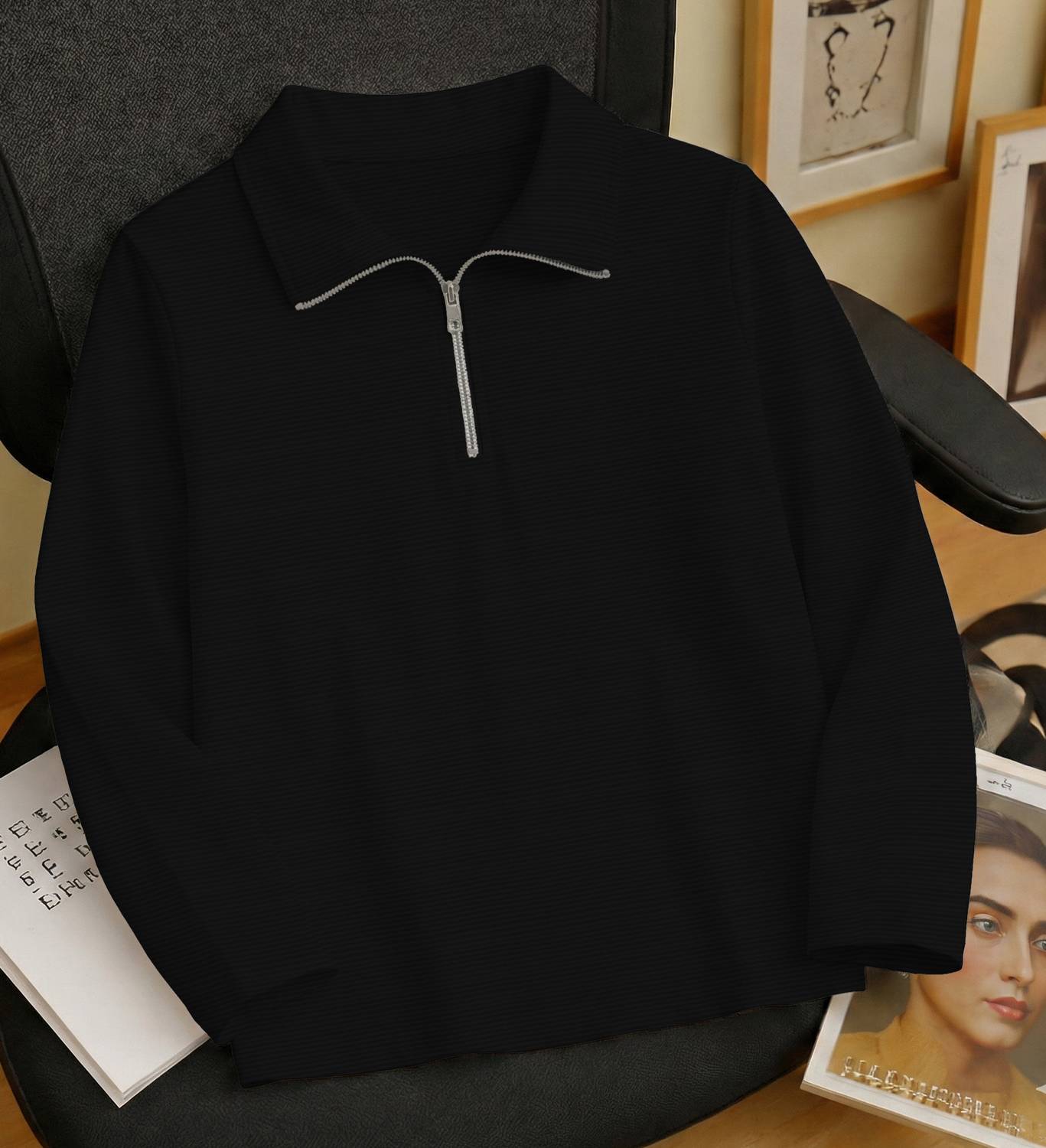 Men Self Design, Solid Polo Neck Cotton Blend Black T-Shirt - Image 1