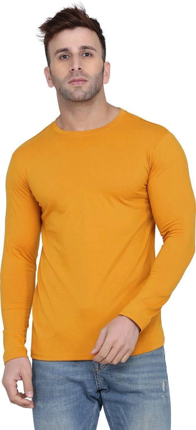 Kroptee Men Solid Round Neck Cotton Blend Yellow T-Shirt