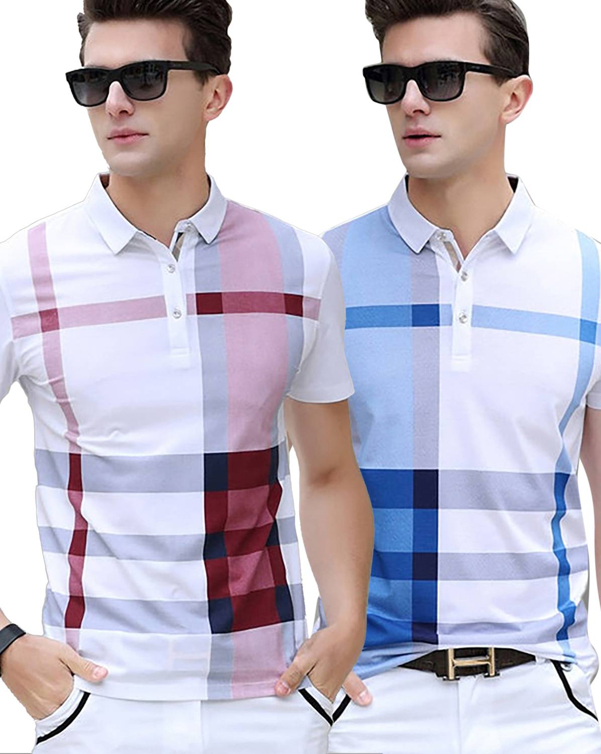 AUSK Pack of 2 Men Checkered Polo Neck Cotton Blend White, Maroon