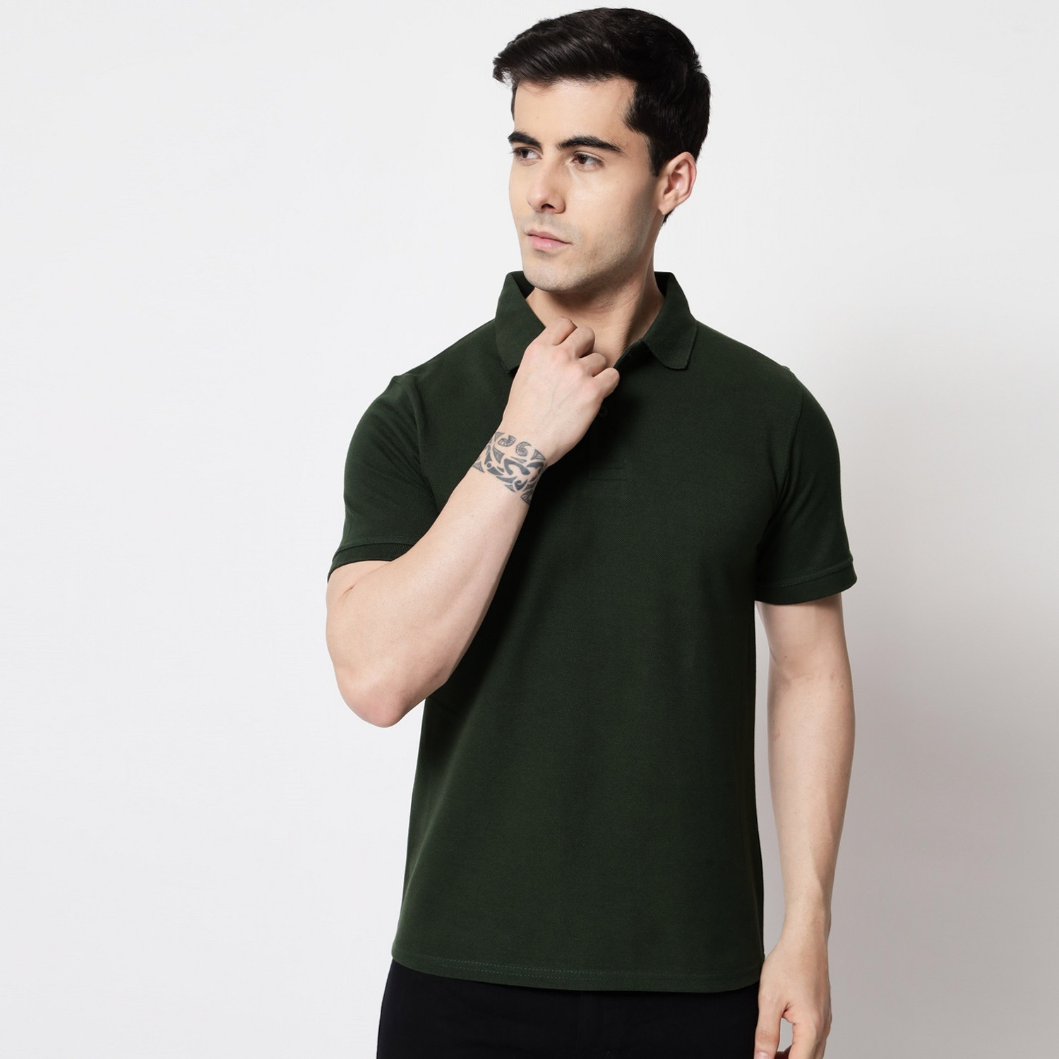 Image of Cryptic Solid Men Polo Neck Dark Green T-Shirt