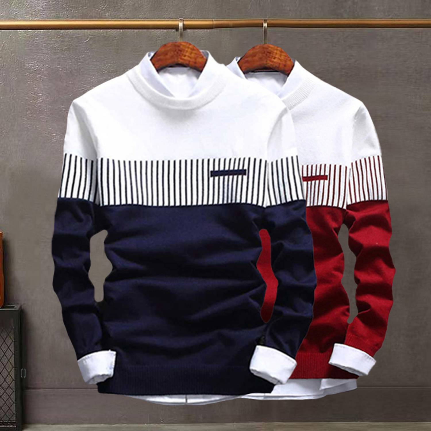 Try This Pack of 2 Men Colorblock Round Neck Cotton Blend Blue, M