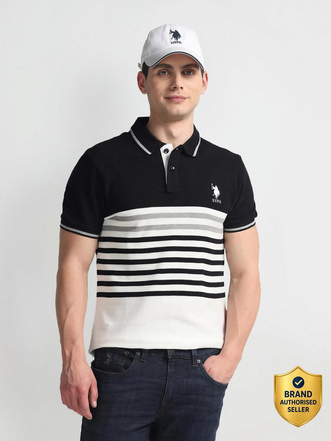 Image of U.S. POLO ASSN. Striped Men Polo Neck Black T-Shirt