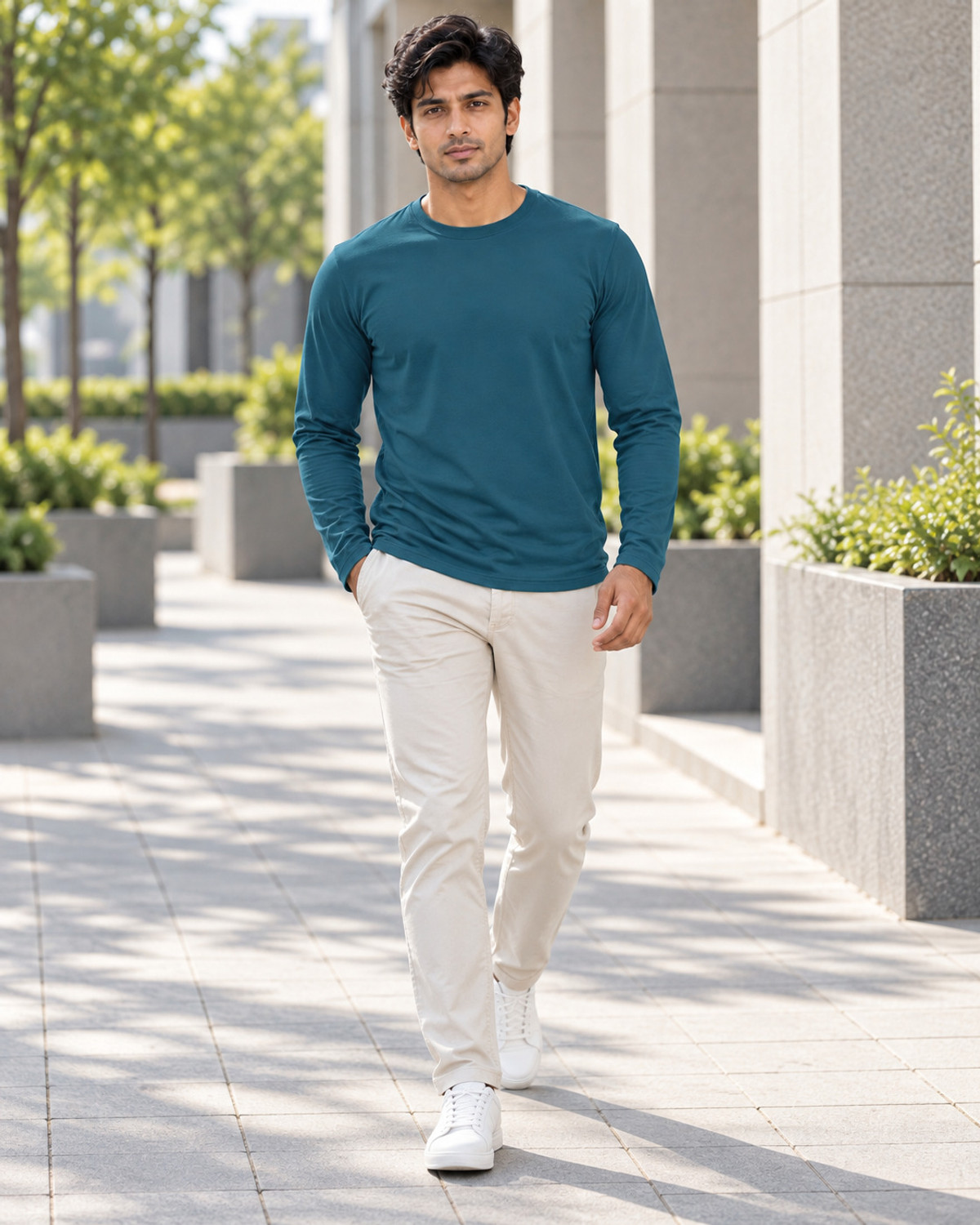Image of WARRIOR WORLD Men Solid Round Neck Pure Cotton Blue T-Shirt