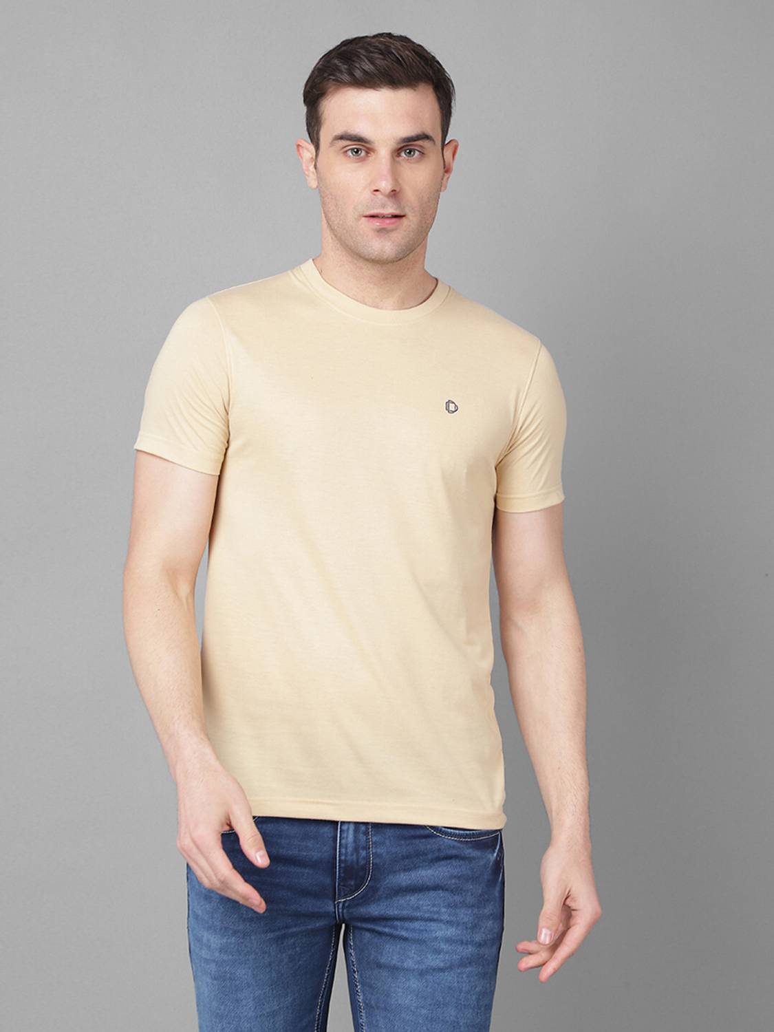 Dollar Men Solid Round Neck Cotton Blend Yellow T-Shirt