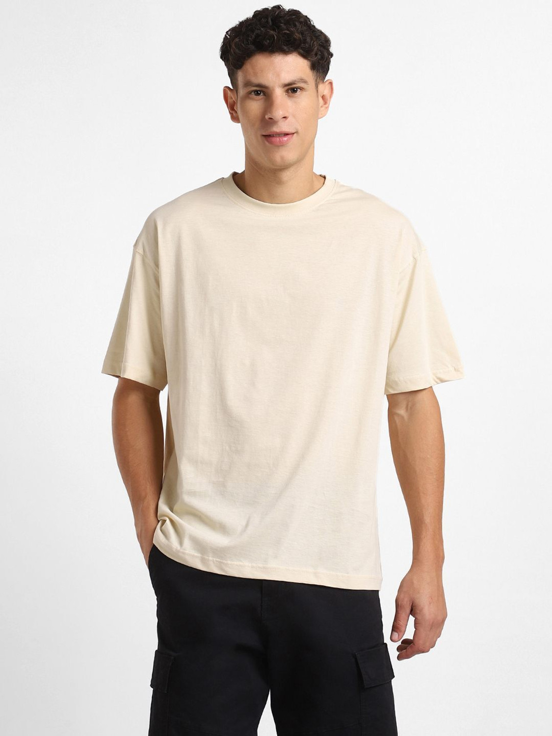 Image of NOBERO Solid Men Round Neck Beige T-Shirt