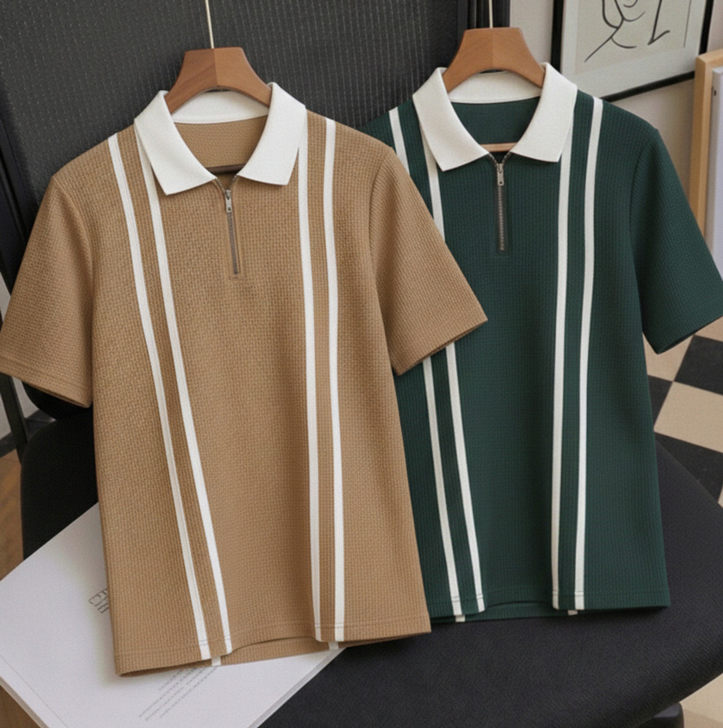 Image of Texfield Colorblock Men Zip Neck Brown, Dark Green T-Shirt