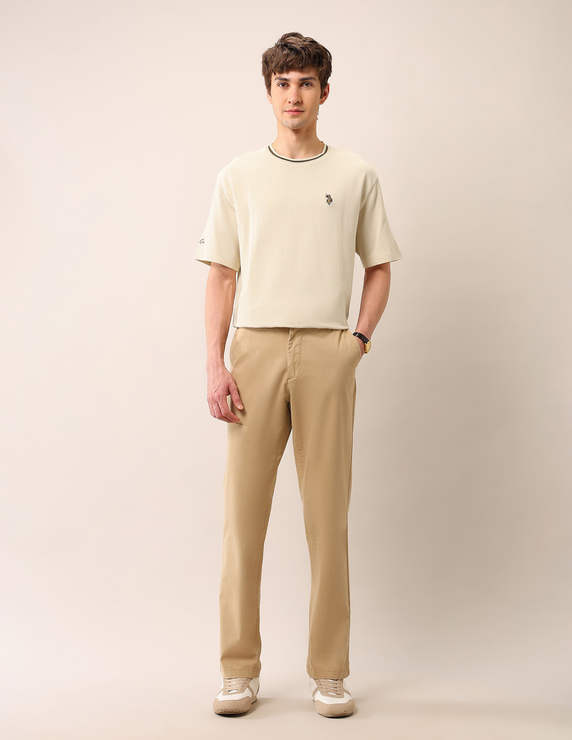 Image of U.S. Polo Assn. Denim Co. Solid Men Round Neck Beige T-Shirt