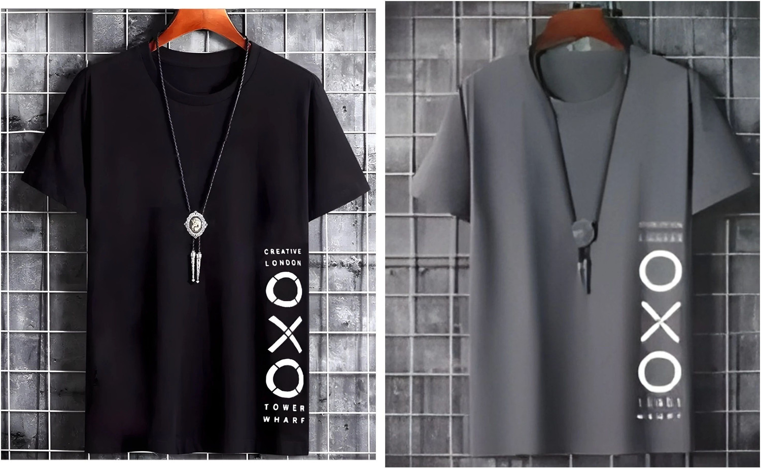 Image of Meetri Printed Men Round Neck Black, Grey T-Shirt