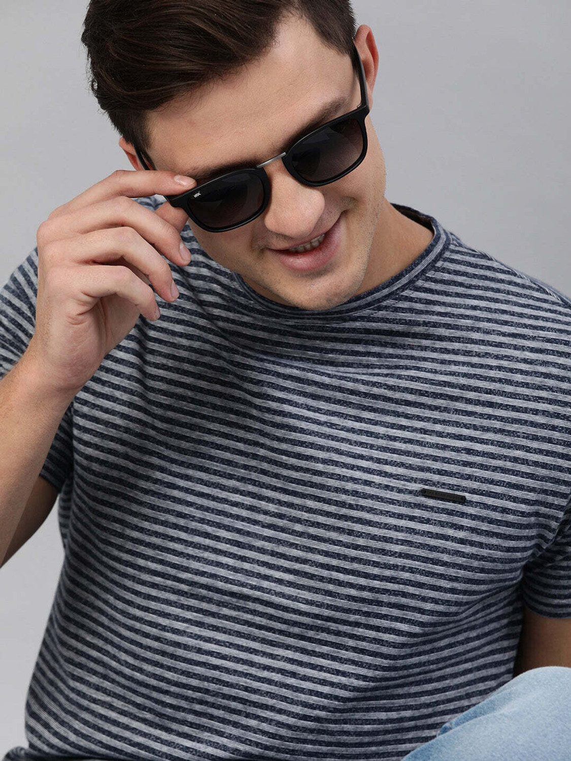 Image of THE BEAR HOUSE Striped Men Round Neck Blue T-Shirt