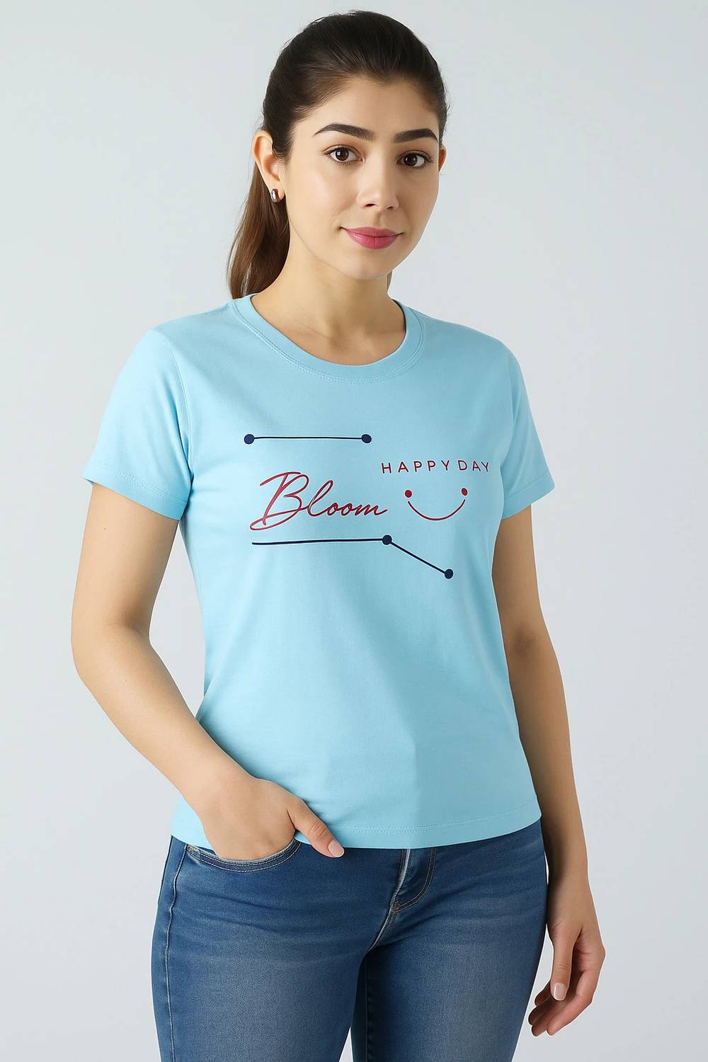 AWIBE Printed Women Round Neck Light Blue T-Shirt