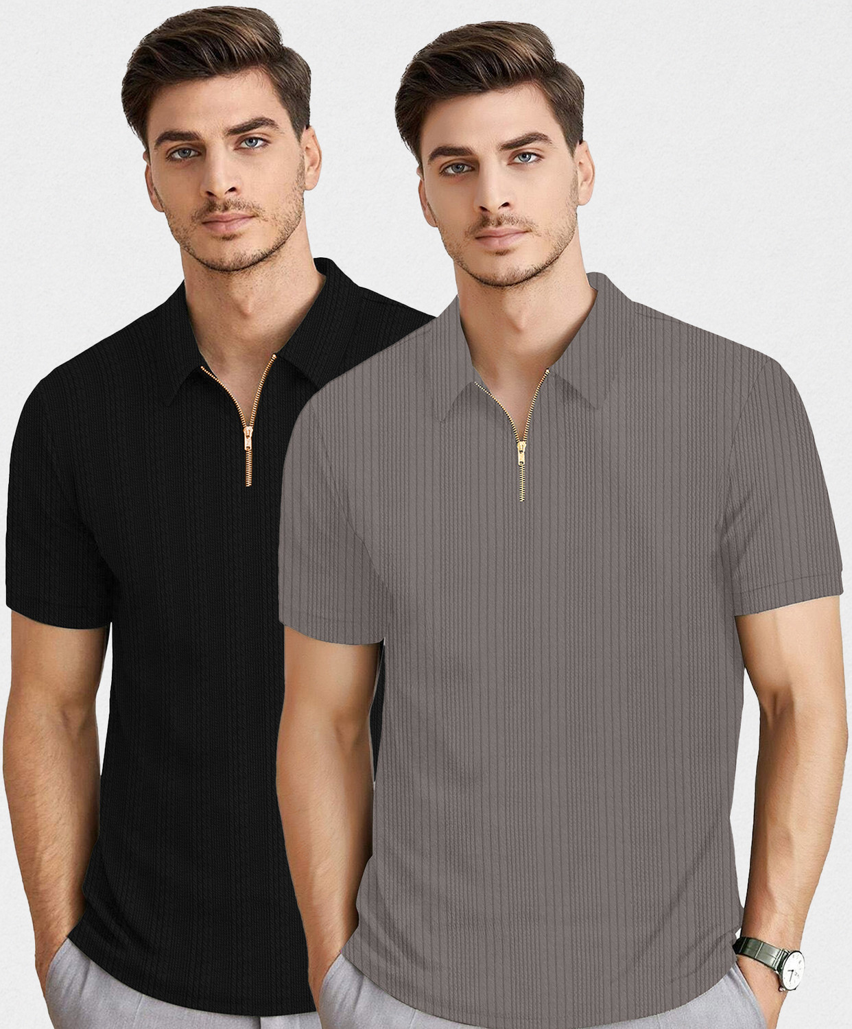Image of KAJARU Self Design Men Zip Neck Black, Grey T-Shirt