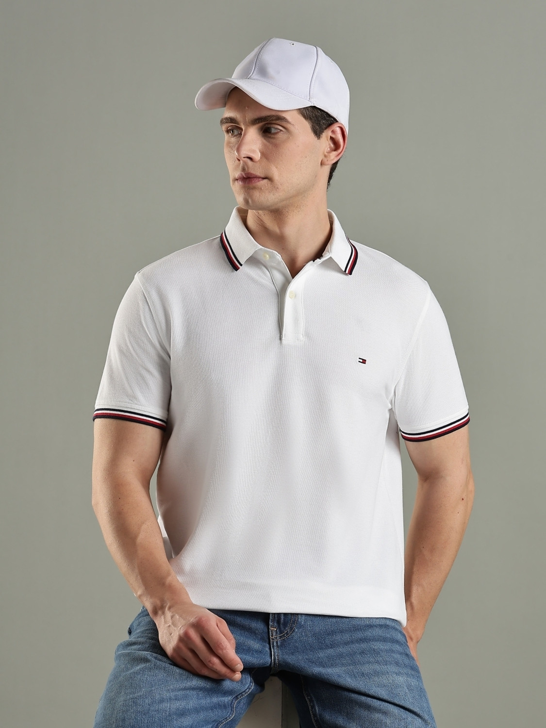 Image of TOMMY HILFIGER Solid Men Polo Neck White T-Shirt