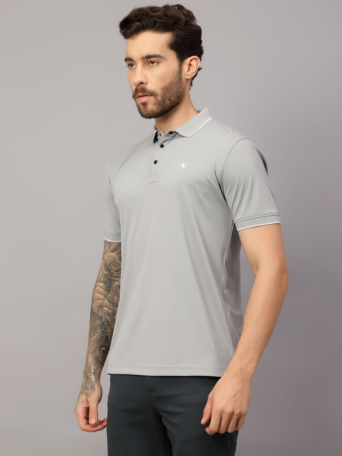 Image of CANTABIL Solid Men Polo Neck Grey T-Shirt