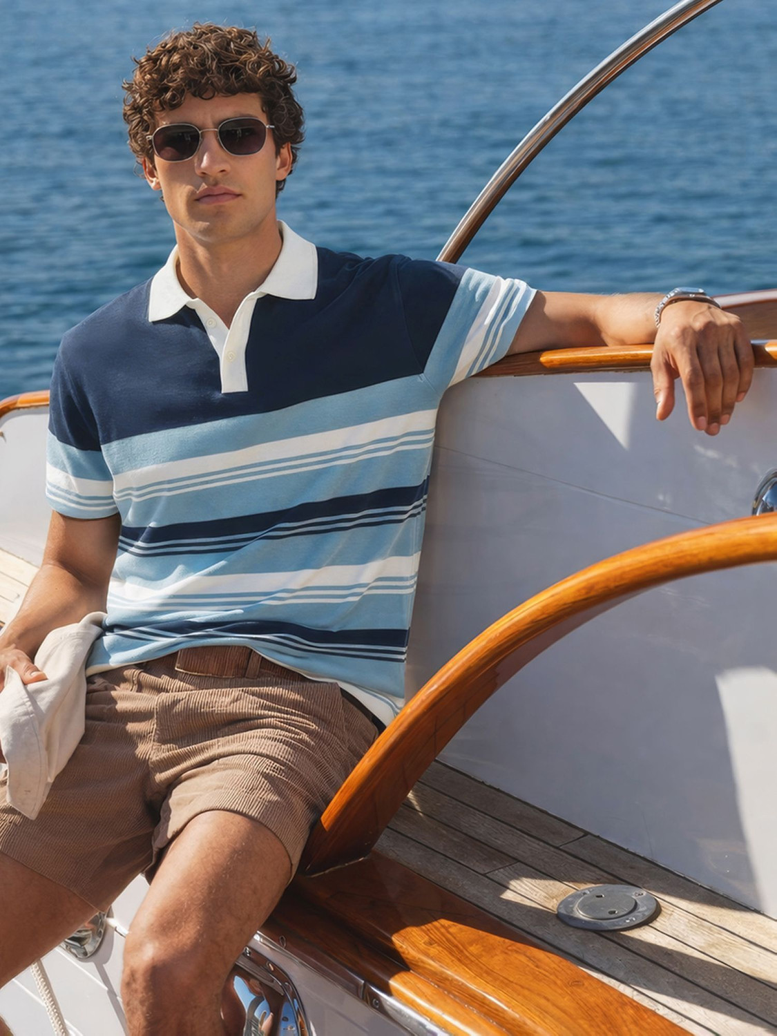 Image of The Indian Garage Co. Men Striped Polo Neck Pure Cotton Blue T-Shirt