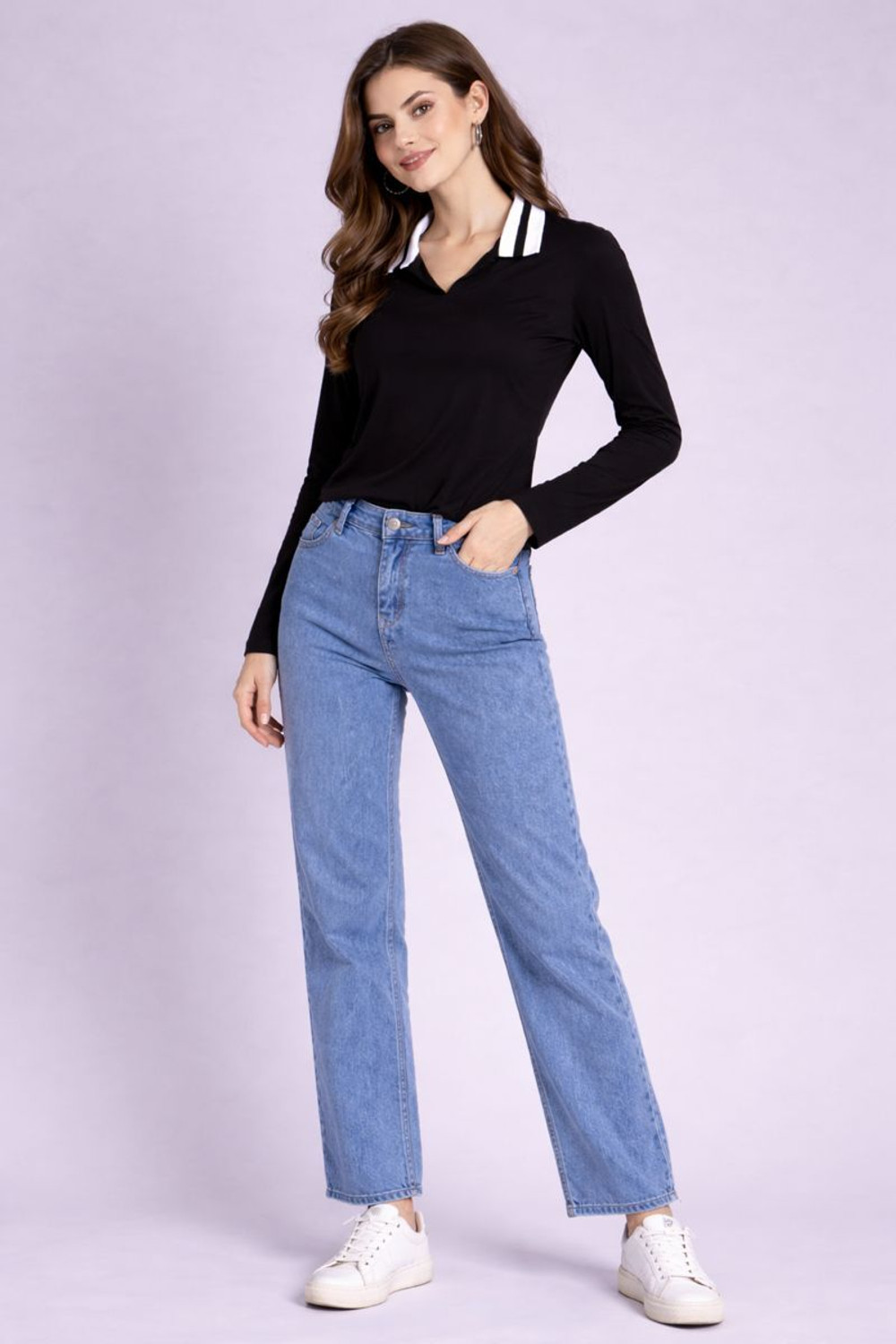 Image of THE DRY STATE Solid Women Polo Neck Black T-Shirt