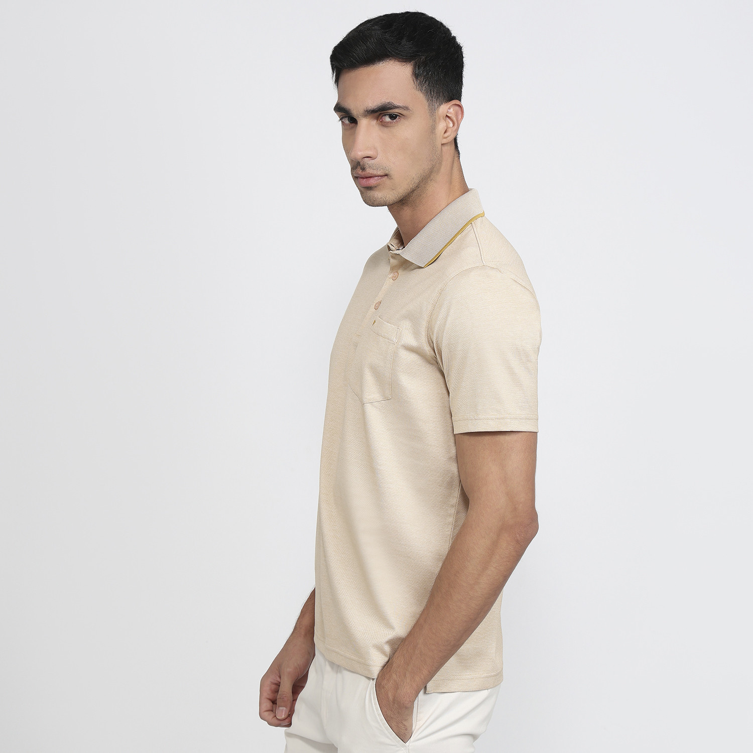 Image of PARK AVENUE Men Solid Polo Neck Pure Cotton Beige T-Shirt