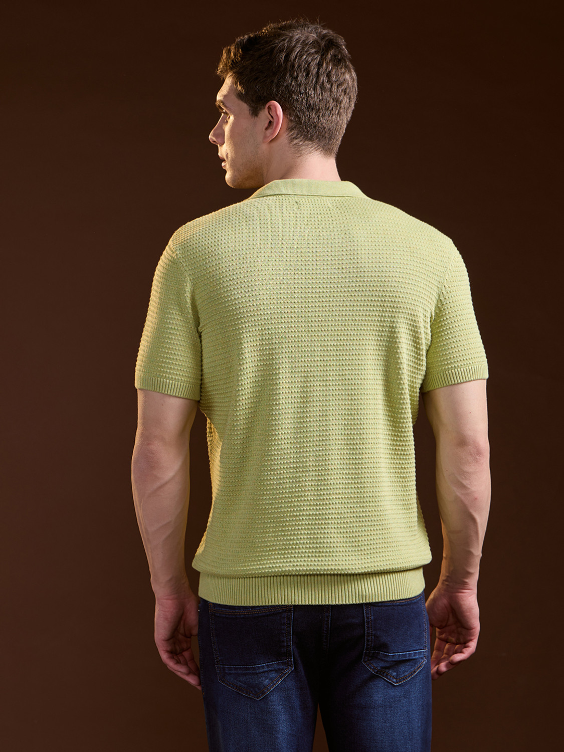 Image of THE BEAR HOUSE Self Design Men Polo Neck Green T-Shirt