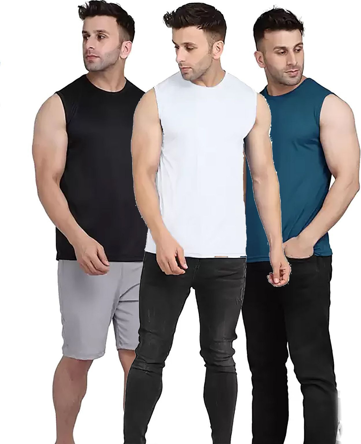 Image of Think Tech Solid Men Round Neck Black, White, Blue T-Shirt