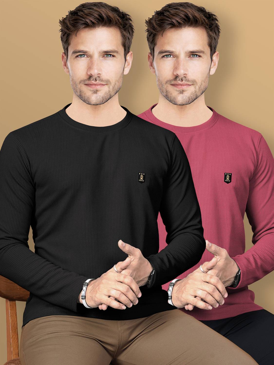 VeBNoR Pack of 2 Men Self Design Round Neck Polyester Black, Pink